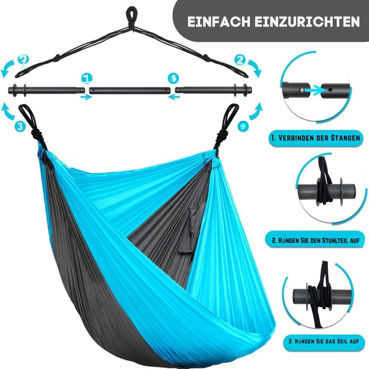 Hängesessel für drinnen & draußen – Ultraleicht, tragbar, 225 kg belastbar, 135° neigbar, inkl. Tragetasche – ideal für Camping, Garten, Balkon, Wohnzimmer & Reisen