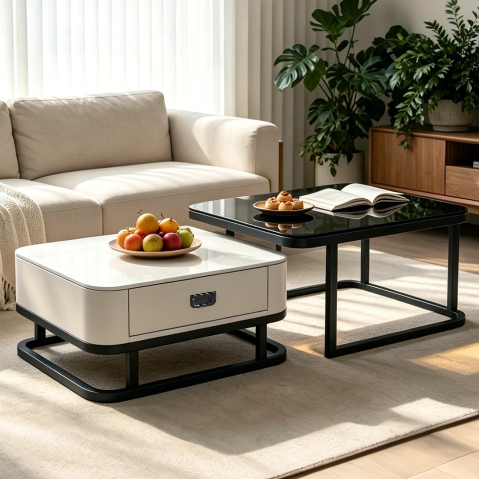 2er-Set Kaffeetische, Moderner ausziehbarer Kaffeetisch, Nussbaum-Kaffeetisch mit Stauraum, Metallgestell, für Wohnzimmer, Schlafzimmer, Nussbaum