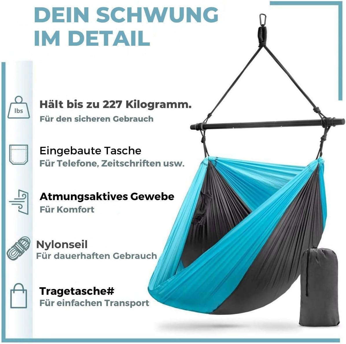 Hängesessel für drinnen & draußen – Ultraleicht, tragbar, 225 kg belastbar, 135° neigbar, inkl. Tragetasche – ideal für Camping, Garten, Balkon, Wohnzimmer & Reisen