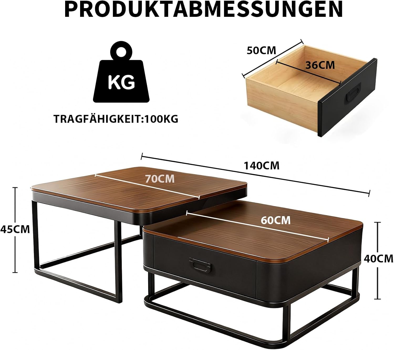 2er-Set Kaffeetische, Moderner ausziehbarer Kaffeetisch, Nussbaum-Kaffeetisch mit Stauraum, Metallgestell, für Wohnzimmer, Schlafzimmer, Nussbaum