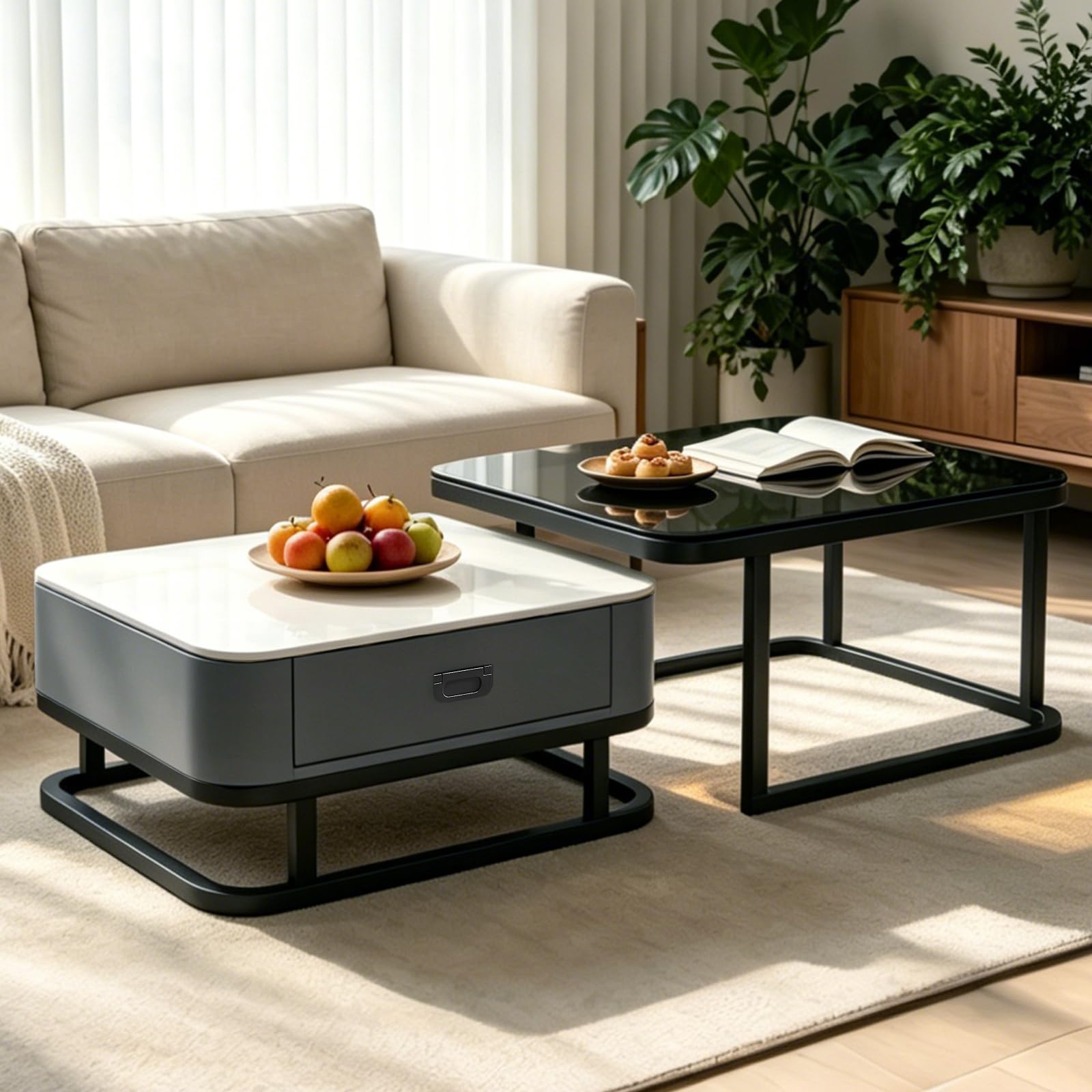 2er-Set Kaffeetische, Moderner ausziehbarer Kaffeetisch, Nussbaum-Kaffeetisch mit Stauraum, Metallgestell, für Wohnzimmer, Schlafzimmer, Nussbaum
