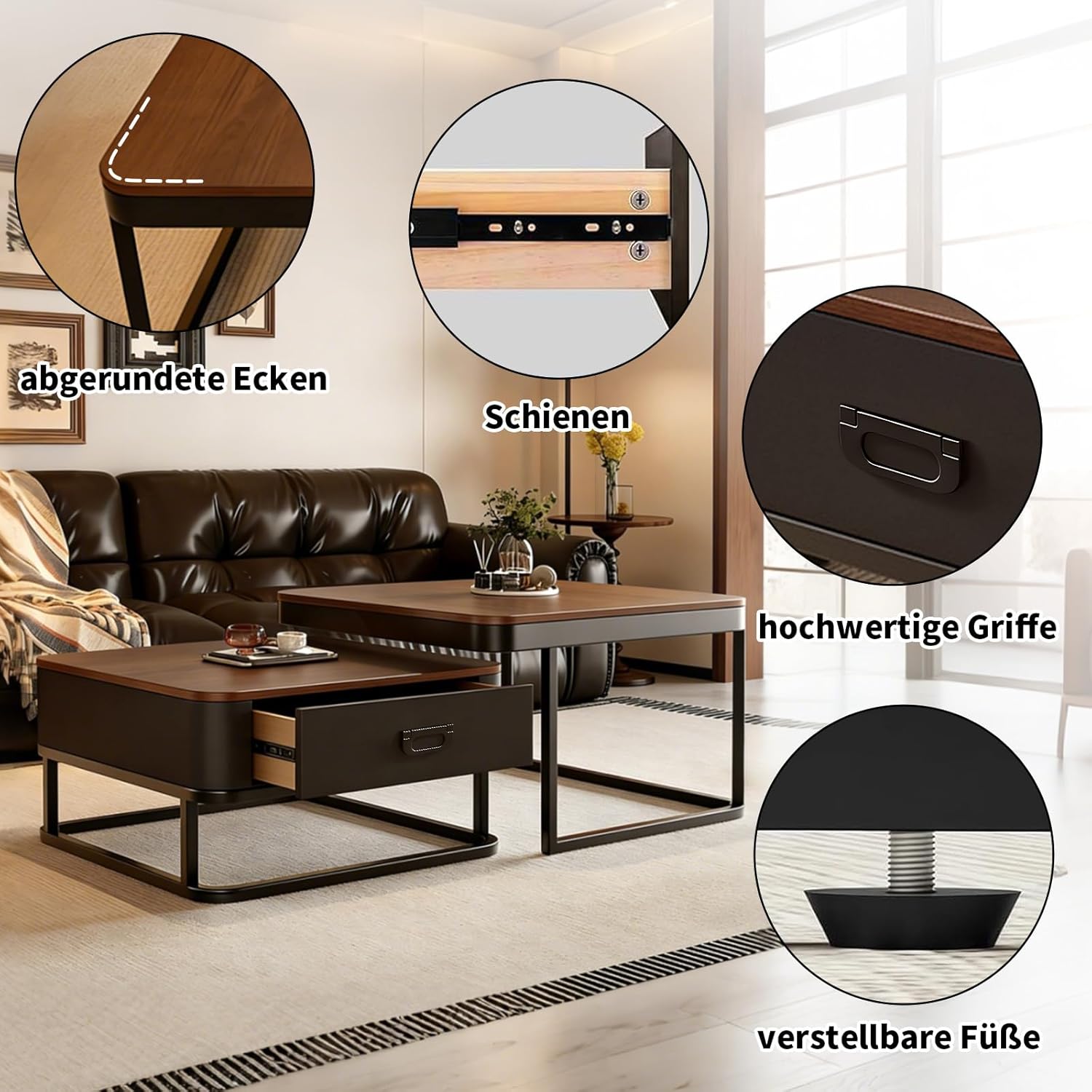 2er-Set Kaffeetische, Moderner ausziehbarer Kaffeetisch, Nussbaum-Kaffeetisch mit Stauraum, Metallgestell, für Wohnzimmer, Schlafzimmer, Nussbaum