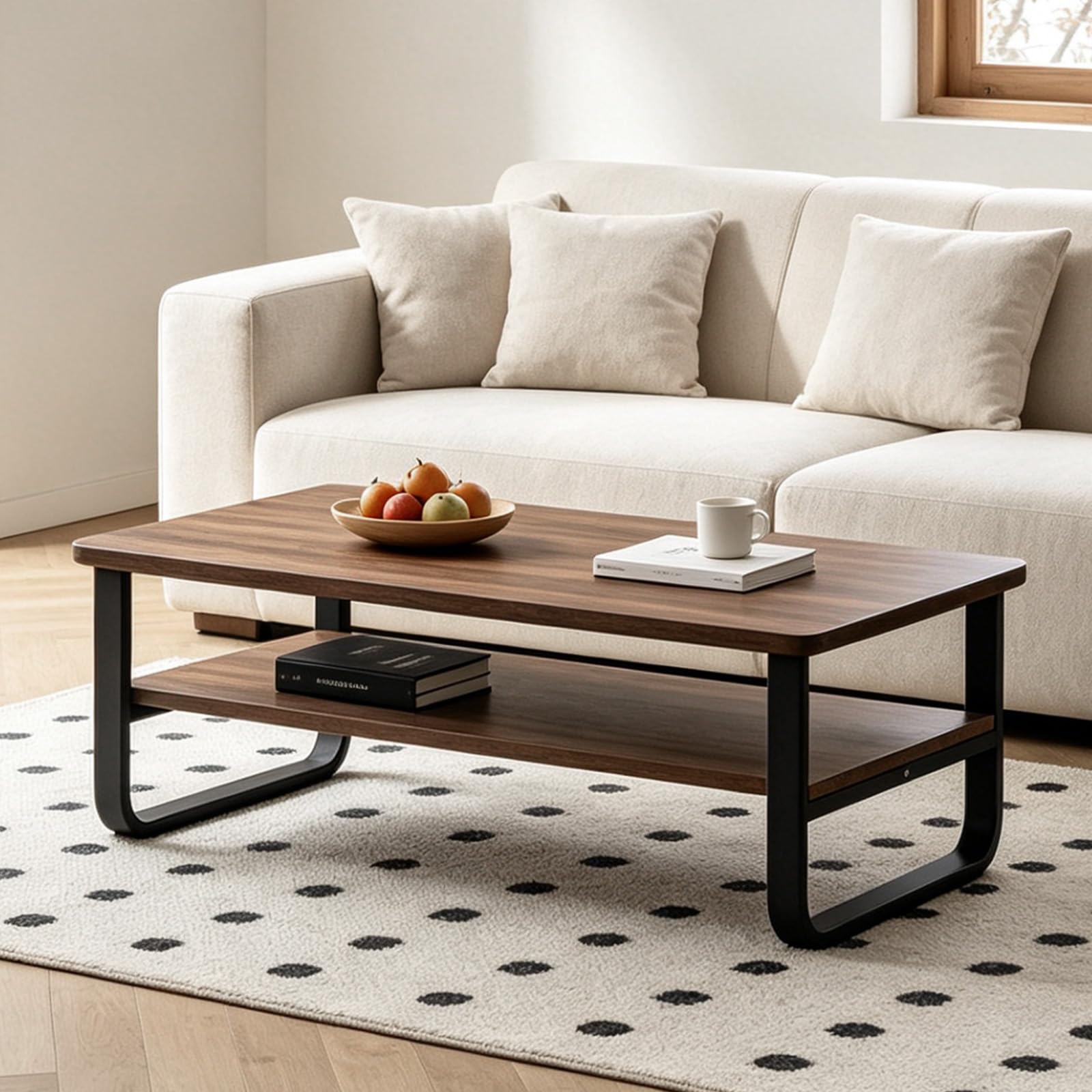 2er-Set Kaffeetische, Moderner ausziehbarer Kaffeetisch, Nussbaum-Kaffeetisch mit Stauraum, Metallgestell, für Wohnzimmer, Schlafzimmer, Nussbaum