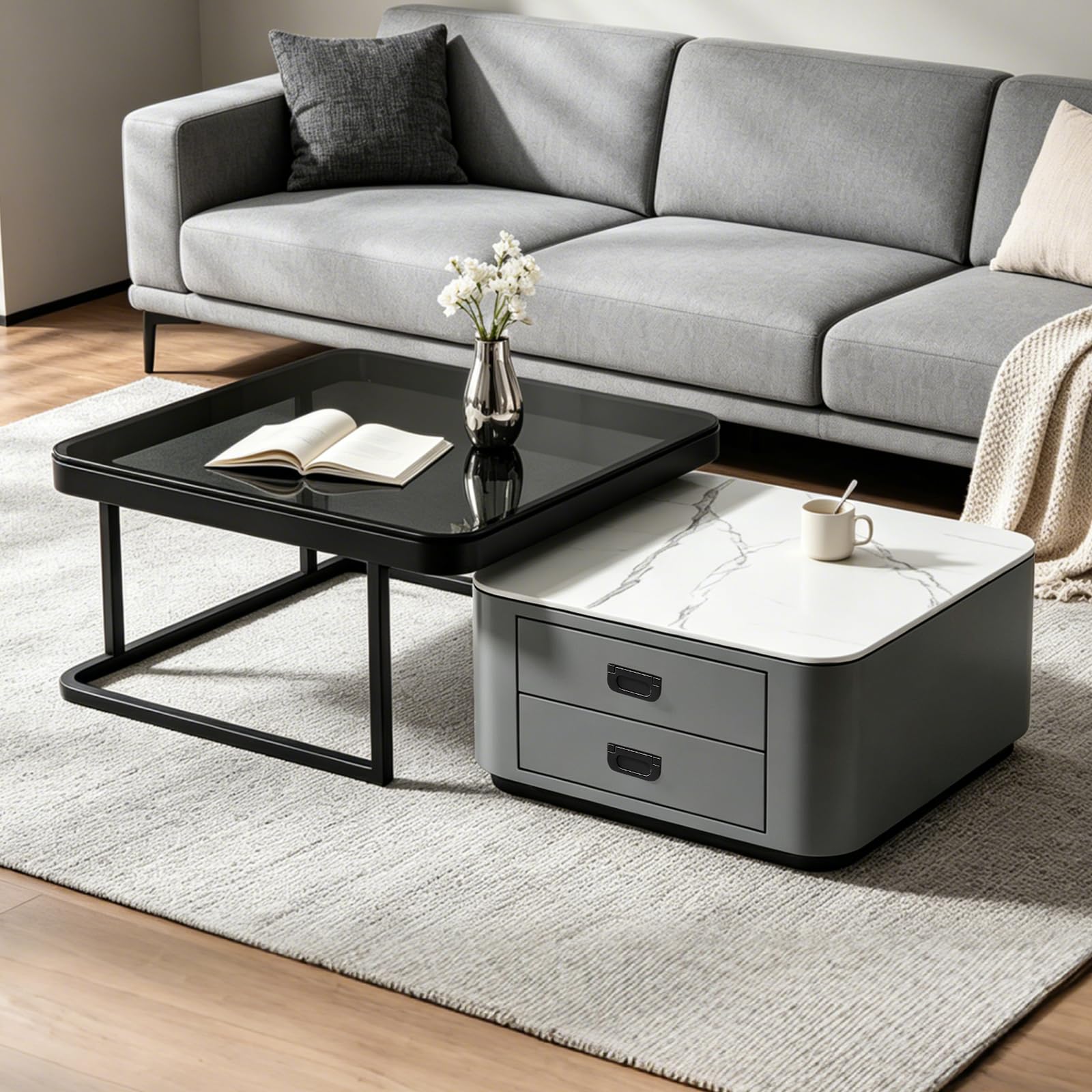 2er-Set Kaffeetische, Moderner ausziehbarer Kaffeetisch, Nussbaum-Kaffeetisch mit Stauraum, Metallgestell, für Wohnzimmer, Schlafzimmer, Nussbaum