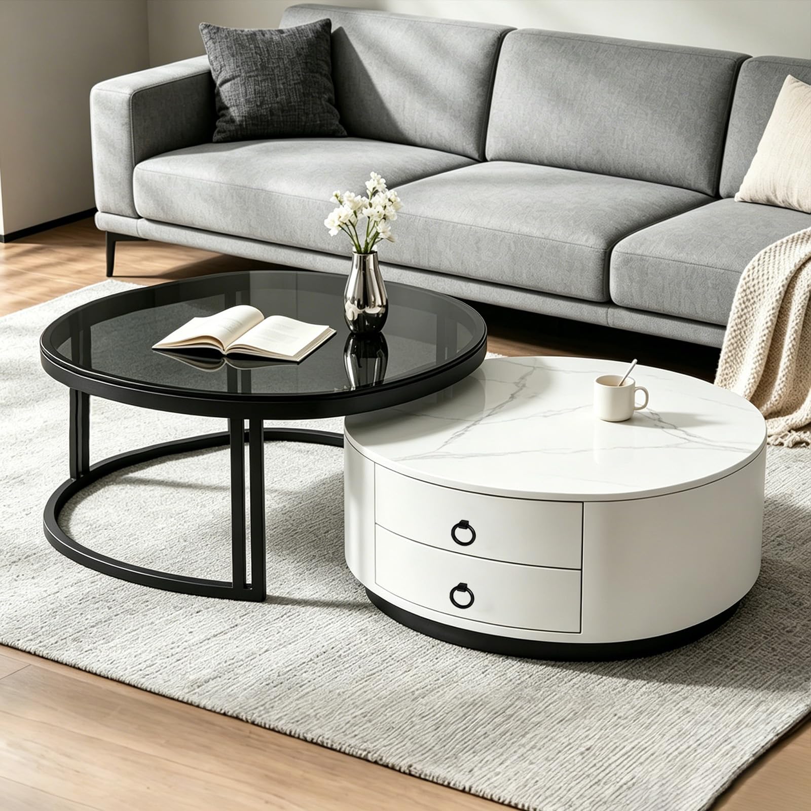 2er-Set Kaffeetische, Moderner ausziehbarer Kaffeetisch, Nussbaum-Kaffeetisch mit Stauraum, Metallgestell, für Wohnzimmer, Schlafzimmer, Nussbaum
