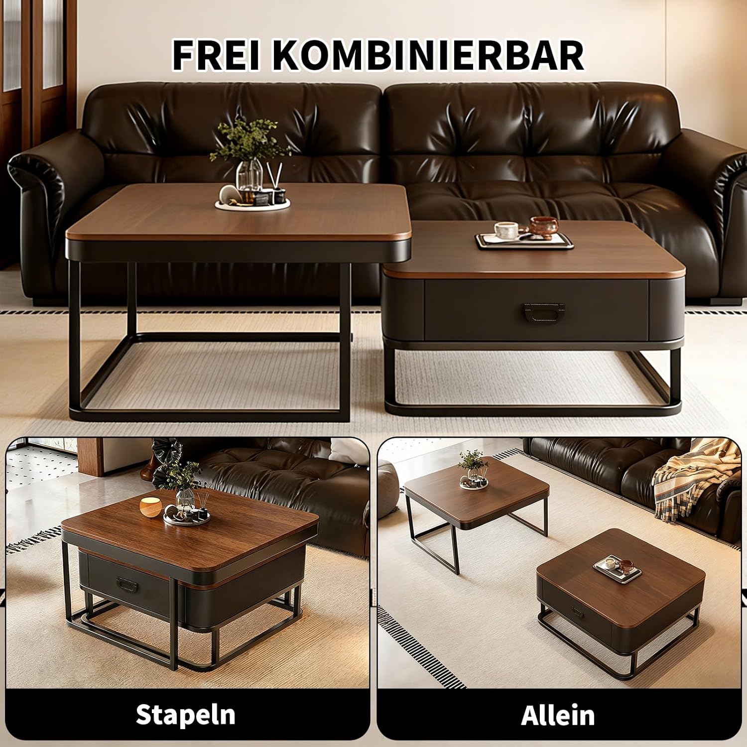 2er-Set Kaffeetische, Moderner ausziehbarer Kaffeetisch, Nussbaum-Kaffeetisch mit Stauraum, Metallgestell, für Wohnzimmer, Schlafzimmer, Nussbaum