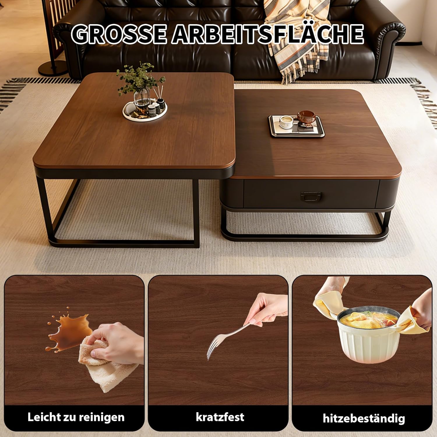 2er-Set Kaffeetische, Moderner ausziehbarer Kaffeetisch, Nussbaum-Kaffeetisch mit Stauraum, Metallgestell, für Wohnzimmer, Schlafzimmer, Nussbaum