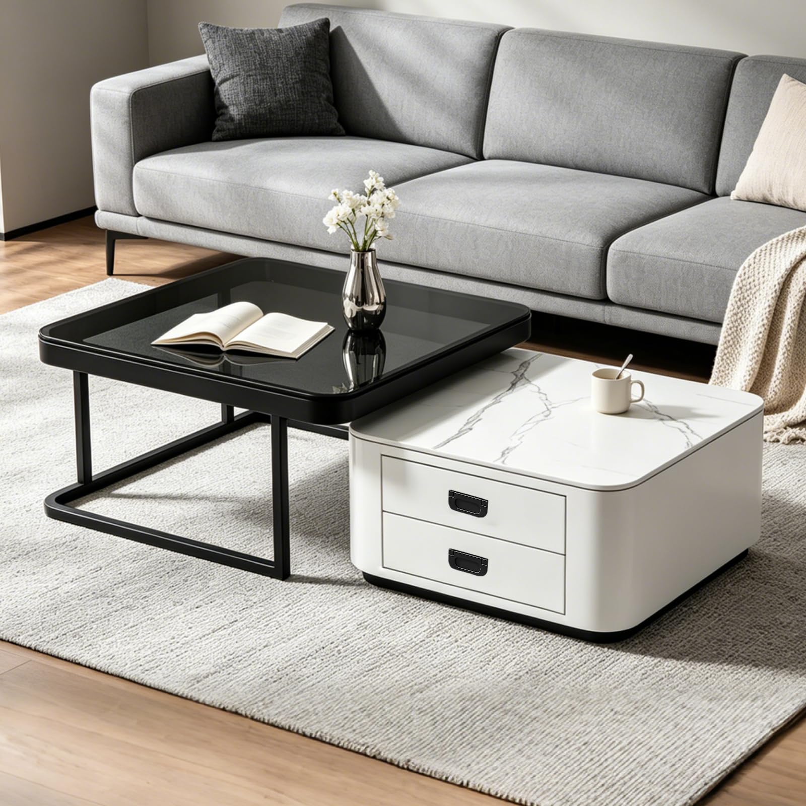 2er-Set Kaffeetische, Moderner ausziehbarer Kaffeetisch, Nussbaum-Kaffeetisch mit Stauraum, Metallgestell, für Wohnzimmer, Schlafzimmer, Nussbaum