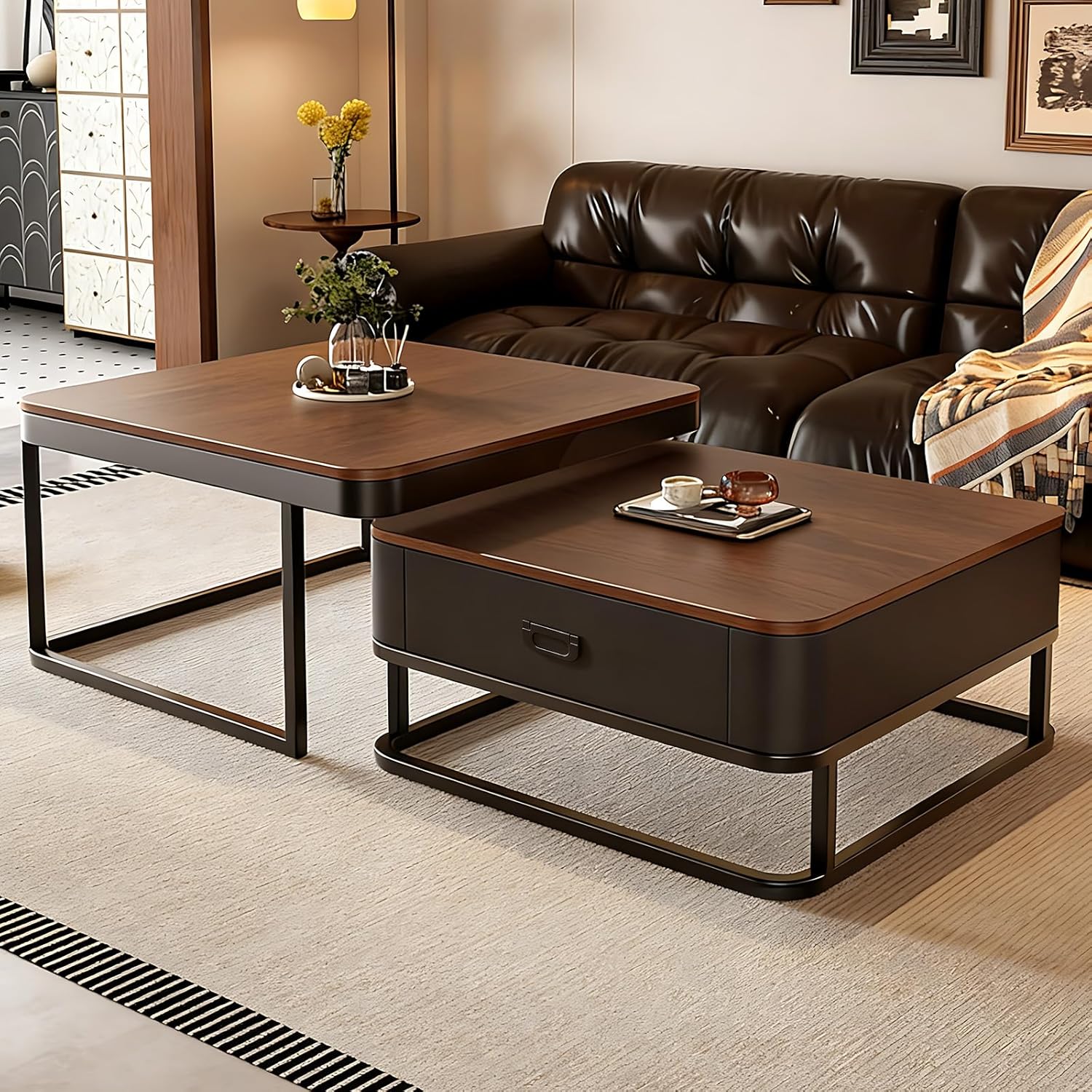 2er-Set Kaffeetische, Moderner ausziehbarer Kaffeetisch, Nussbaum-Kaffeetisch mit Stauraum, Metallgestell, für Wohnzimmer, Schlafzimmer, Nussbaum